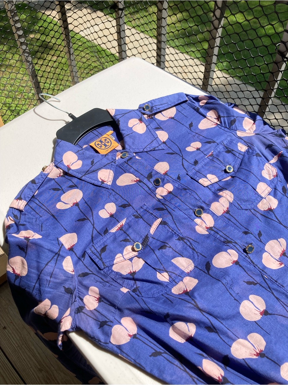 Tory Burch 100% Cotton Blue Button Front Belted Shirt Dress Pink Flower Print - Picture 13 of 14